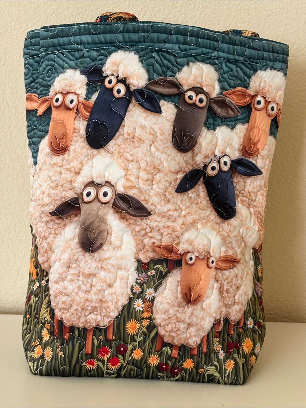 Quilted Sheep Appliqué Tote Bag in blue, floral green, orange, yellow